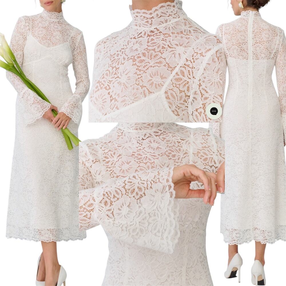 Few Moda White Jen Lace Long Dress Mock Neck Bell Sleeve Sz 2 XS Coquette Bridal